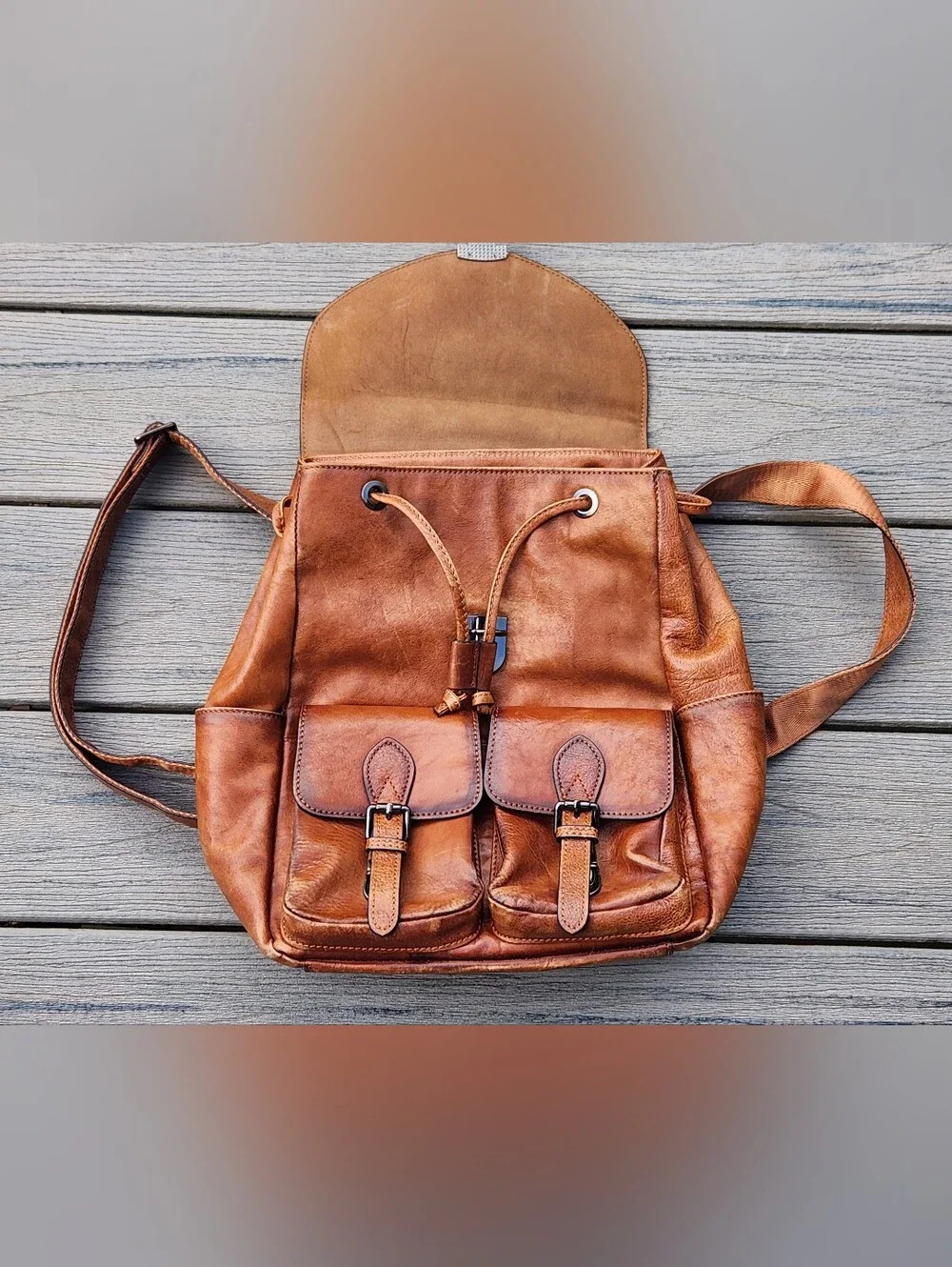 Women's Tan Leather Backpack with Front Pockets
